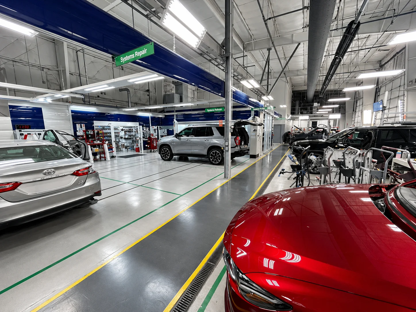 Collision repair production floor with systems repair stations and organized workflow layout