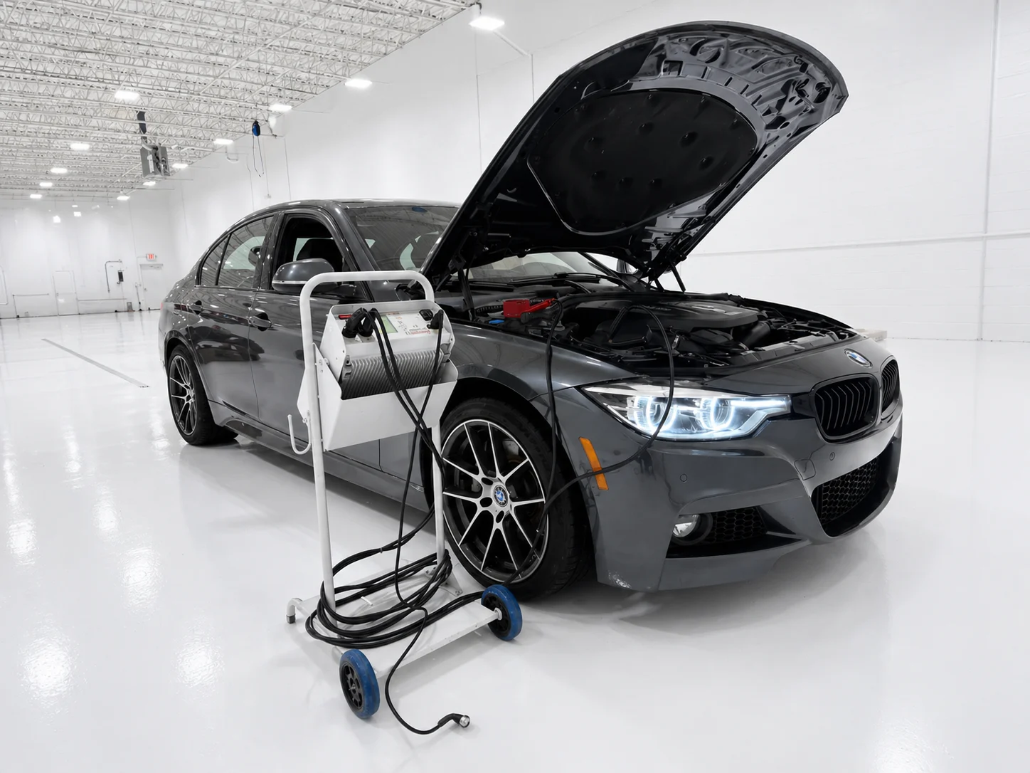 Vehicle connected to battery maintainer during calibration or diagnostic process in a clean repair environment