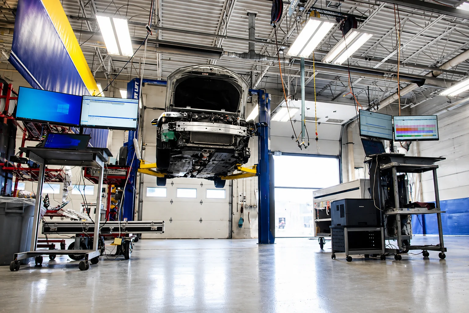 Vehicle raised on lift with diagnostic computers and scanning equipment in a collision repair facility