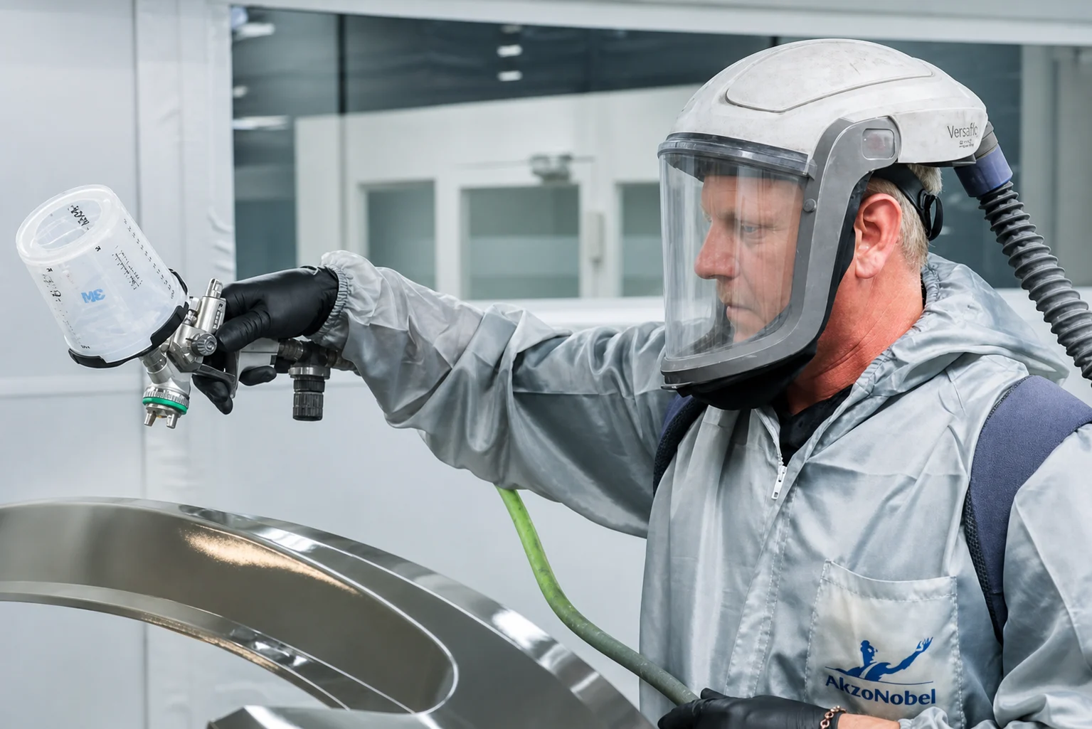 Technician Refinish Spray Application Technician wearing protective equipment spraying a vehicle panel inside a paint booth.