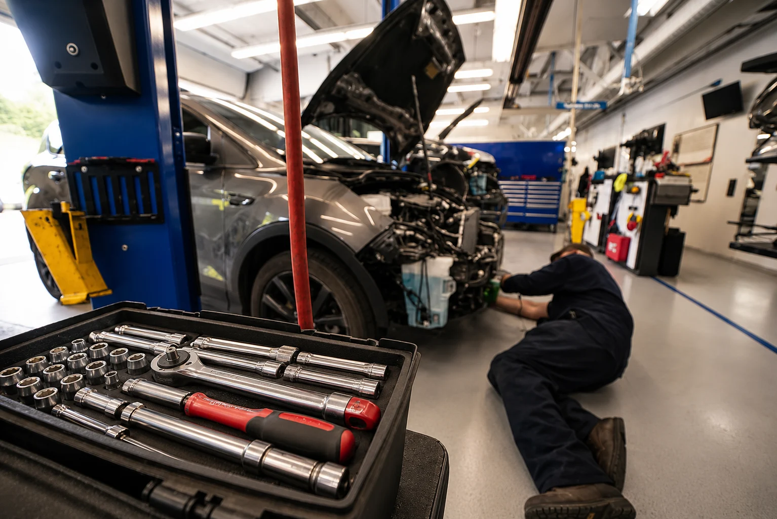 Technician Working In Vehicle Repair Bay Technician working near a vehicle with front components removed in a repair bay.