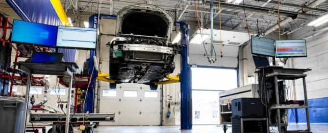 Vehicle undergoing pre-repair diagnostic inspection and systems evaluation at DCR Systems Mentor